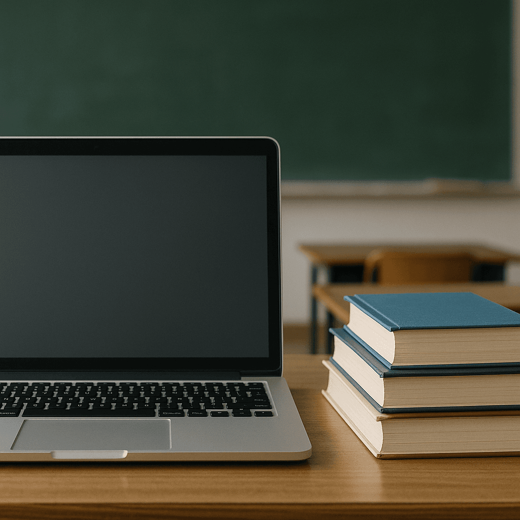 Modern Education Workspace with Laptop and Books in Classroom